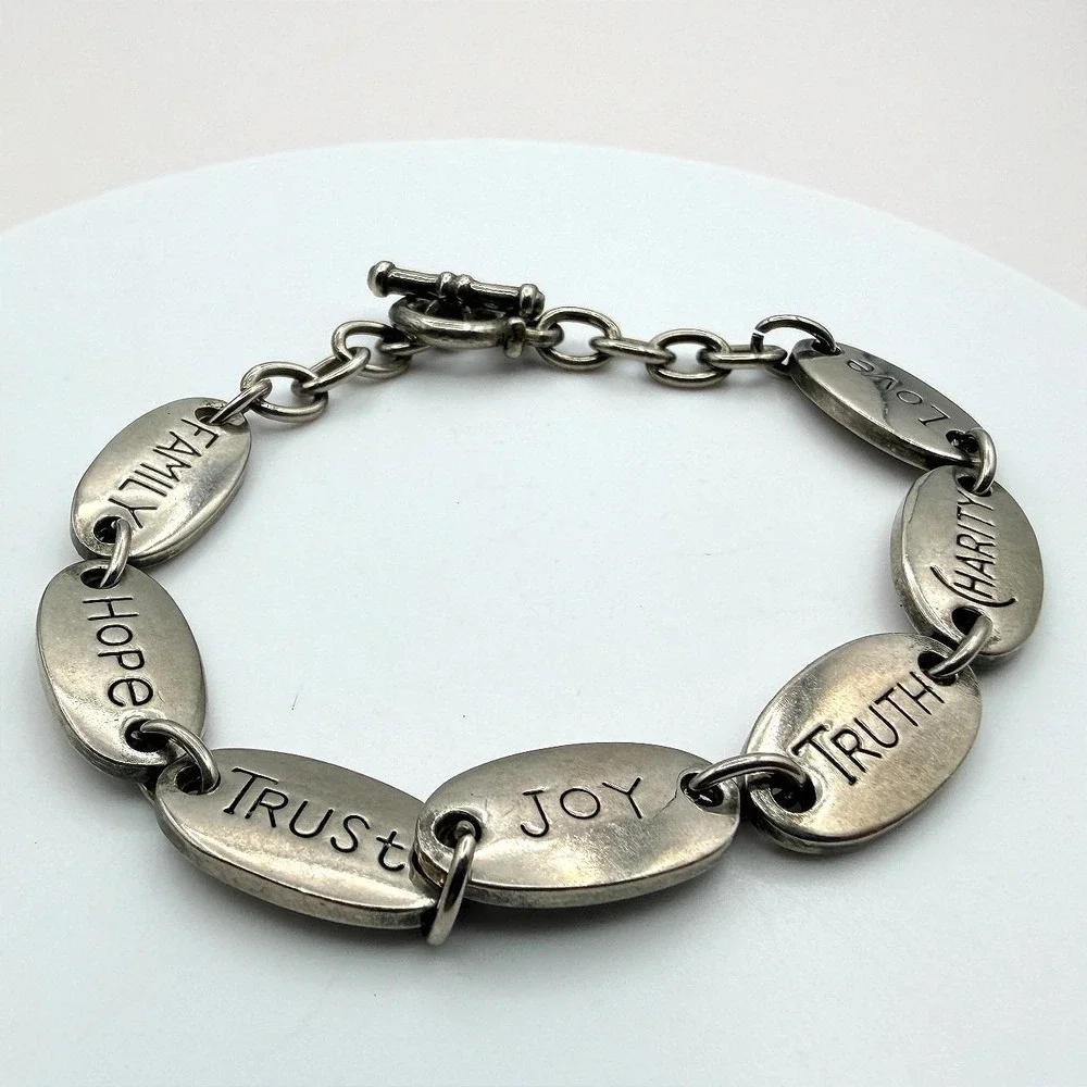 Vintage 90s Silver Tone Inspirational Message Oval Link Bracelet Fashion Jewelry